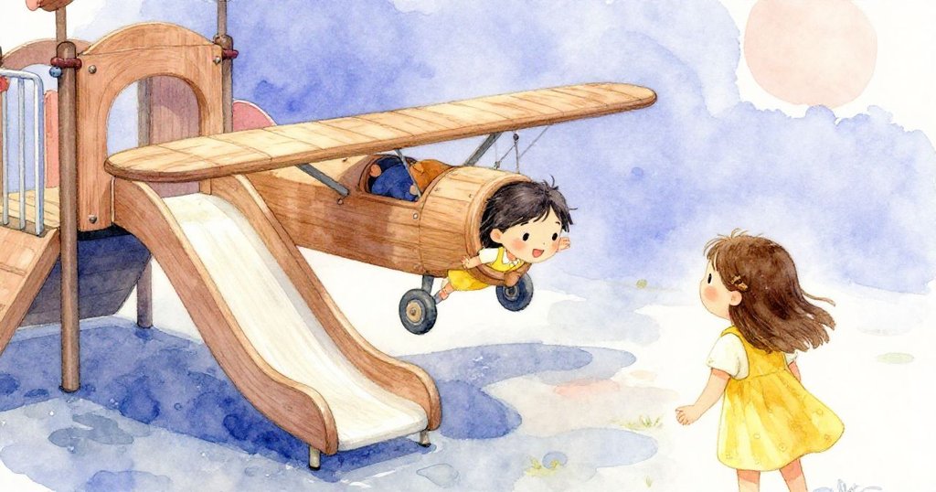 在梯頂釋放小飛機後，飛機在濕滑滑梯上翻轉飛行，Ella滿懷喜悅觀看，場景散發著冒險與延續感。