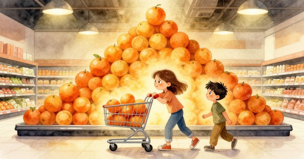Zara緊握購物車把手，引導購物車經過發光的橘子堆，Owen陪伴左右，表情專注，背景溫暖而明亮，營造出忙碌購物氛圍。
