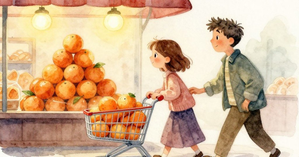 Zara的手緊握著購物車橡膠把手，帶著金黃色粉塵與價格標籤的細節，細緻展示她專注的動作和忙碌購物環境。