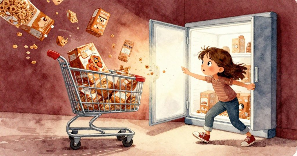 Zara操作購物車偏轉，前輪被價格標籤絆住，焦糖色麥片盒紛紛傾倒，冰箱門半開，現場充滿緊張而混亂的動態景象。