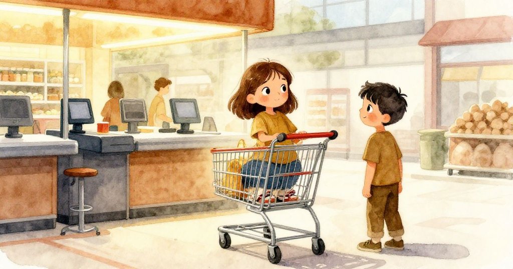 購物車滑向發光結賬區，Zara與Owen凝視前方，旁邊一名顧客輕鬆掠過，店內外光線交融，呈現溫暖與現代交錯的氛圍。