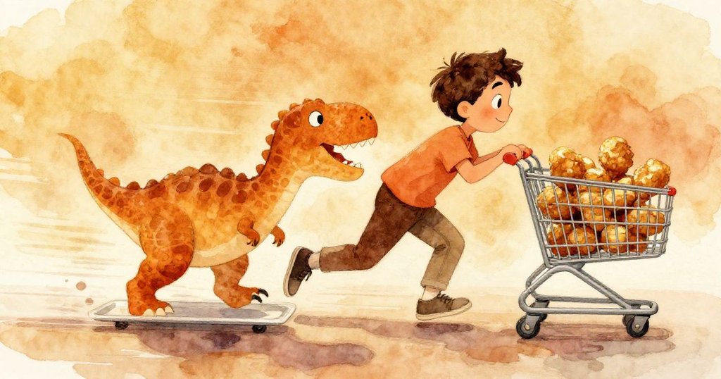 Owen急速衝向滾動的購物車，以鞋子阻擋前輪，恐龍造型雞塊托盤滑動撞擊，場面充滿緊張與趣味的追逐動作。