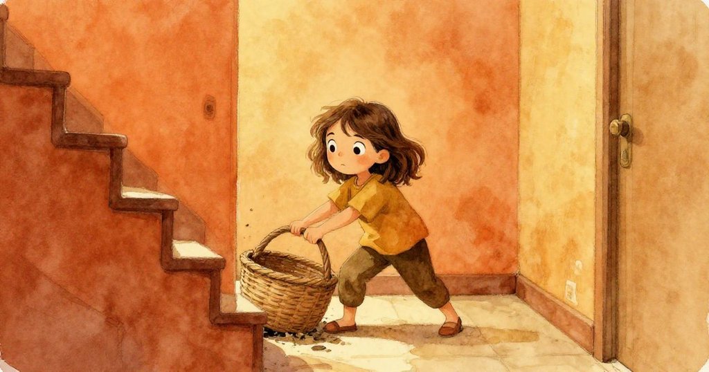 卡拉在狹窄樓梯間用力拉扯卡住的籃子,背景是溫暖的家庭洗衣房入口,神情堅定展現挑戰開始