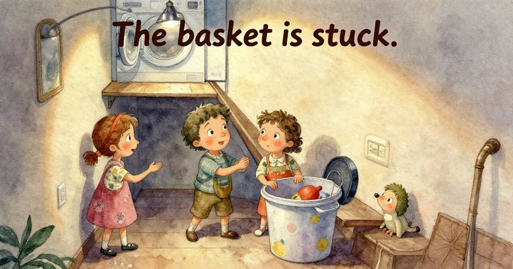 卡拉的籃子與閃爍的計時器細節特寫,包裝材質隨風擺動,展現洗衣房內緊張而日常的細膩氛圍