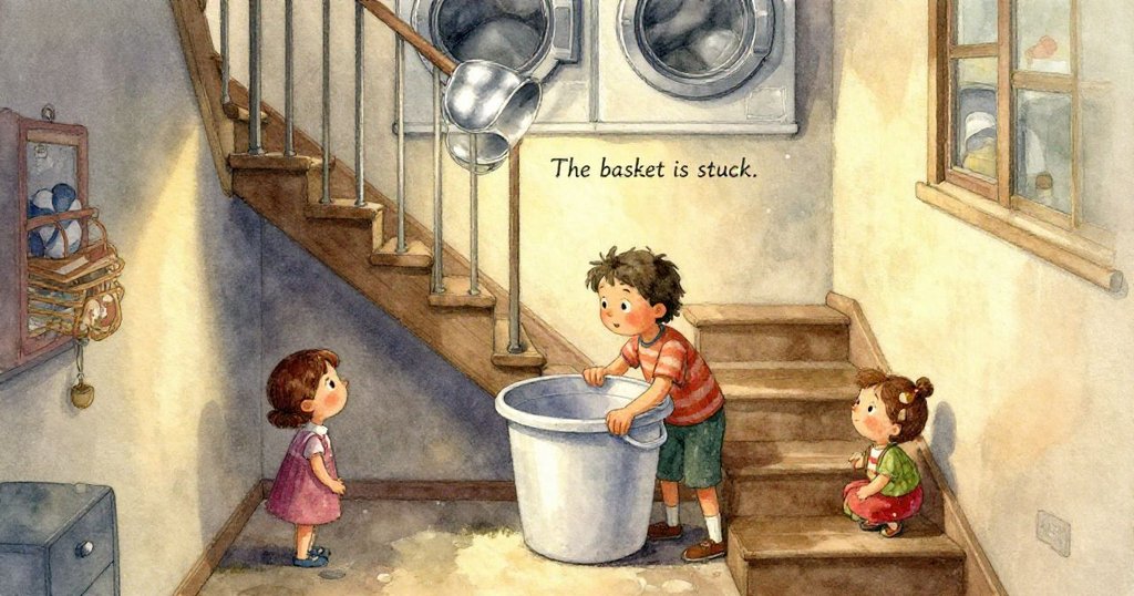 透視圖中,卡拉注視著閃爍紅燈鎖著的洗衣機門,背景模糊的管道增添神秘感,表情專注混合擔憂與堅定