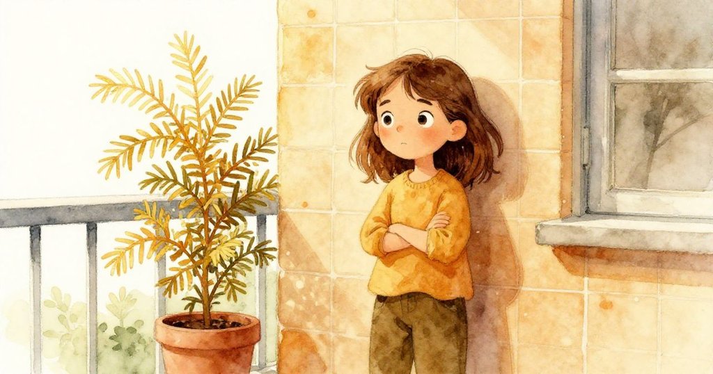 卡拉靠在瓷磚牆邊,身旁半掩的陽台門和搖曳的杜松針盆營造出室內外過渡的寧靜氛圍