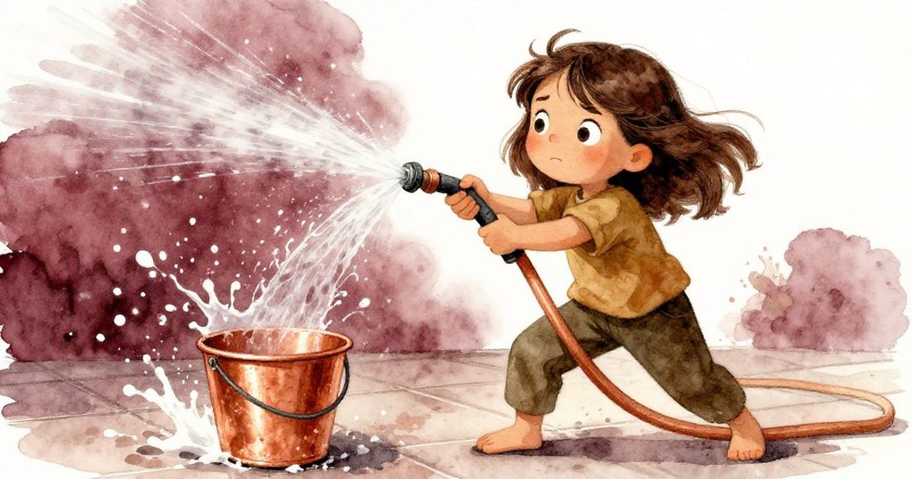 卡拉動作急促地拉扯纏繞的水管,水花四濺映襯著她專注掙扎的神情與室內溫暖色調