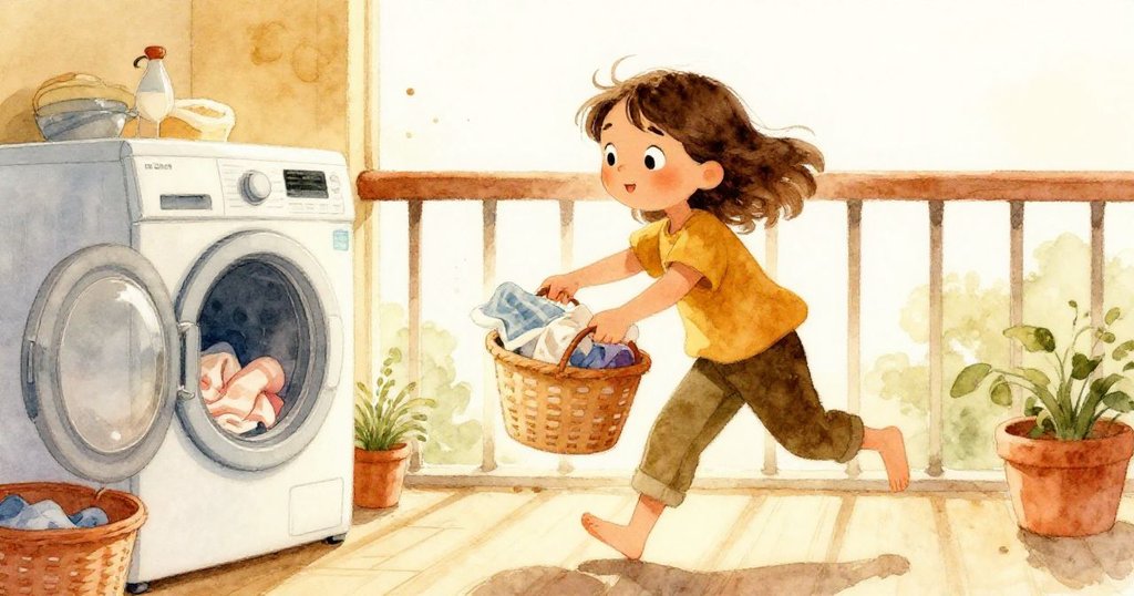 卡拉將洗衣機裡的濕衣收進籃子,滿懷成就地走向陽台,展現解決困難後的希望與自信