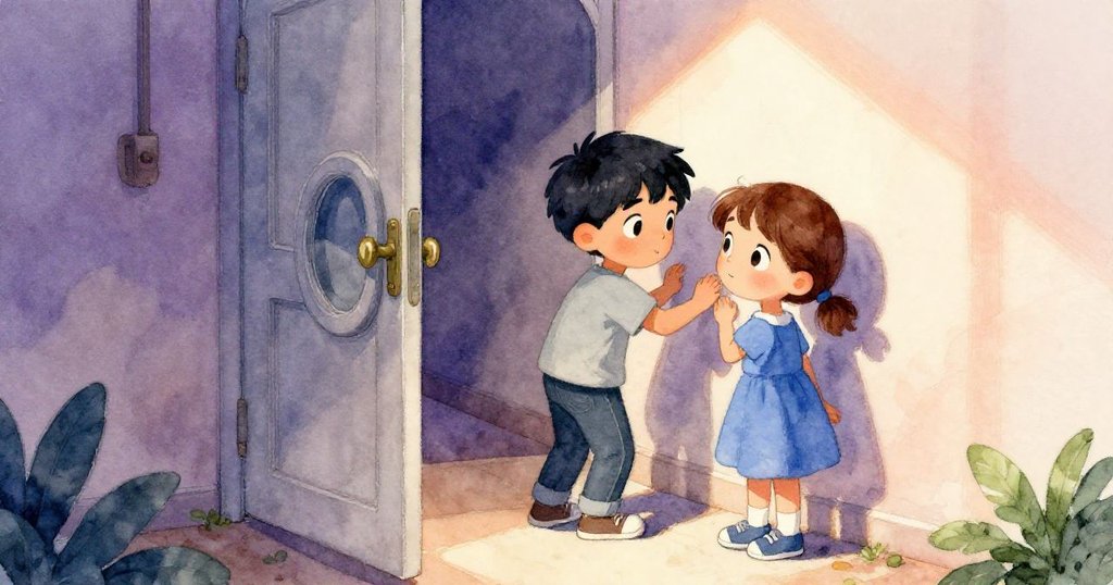 Dean 與 Lyra 在洗衣房走廊中探查，注意到暗淡銅色門鉤，場景充滿好奇與期待的氛圍。