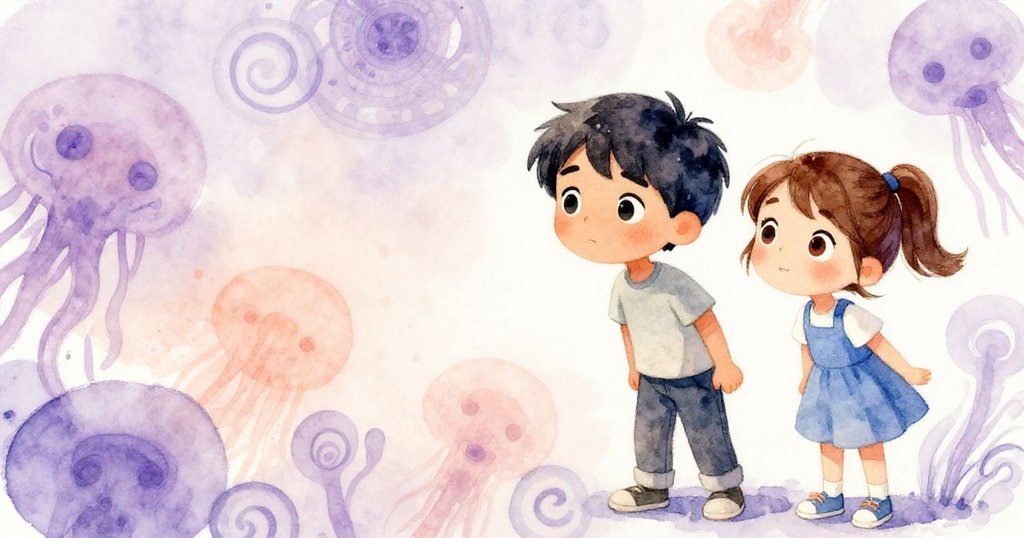 Dean 與 Lyra 近距離凝視牆上飄動的宣傳單，上面有旋渦狀圖案，充滿神秘與細膩情感。