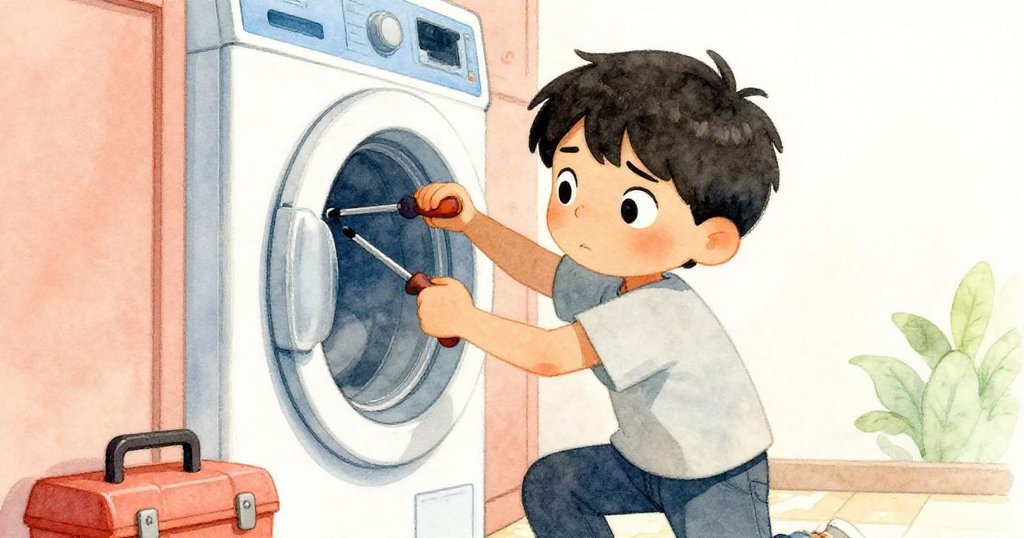 Dean 從低角度展現堅定勇氣，用扁頭螺絲起子撬開洗衣房門，動作專注而充滿決心。