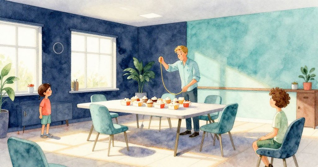 Wade在寬敞明亮的會議室裡鋪設蜂蜜色線纜，桌上堆滿杯子蛋糕盒，夕陽灑下溫暖光芒，氣氛開始忙碌。