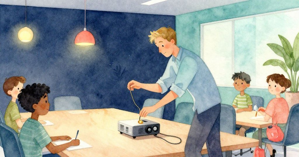 Wade專注地調節線纜接近投影機，身姿忙碌，背景會議室充滿溫柔光影，展現工作中的認真氣氛。