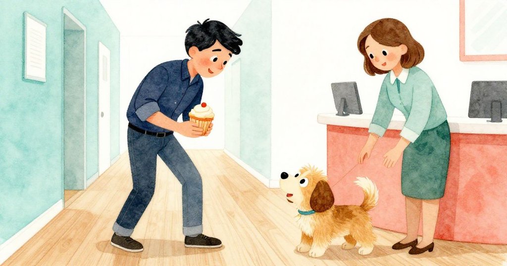 Luke於明亮走廊內拿著半個杯子蛋糕吸引小狗，櫃檯人員溫柔抱住小狗，氛圍愉悅溫馨推動情節。