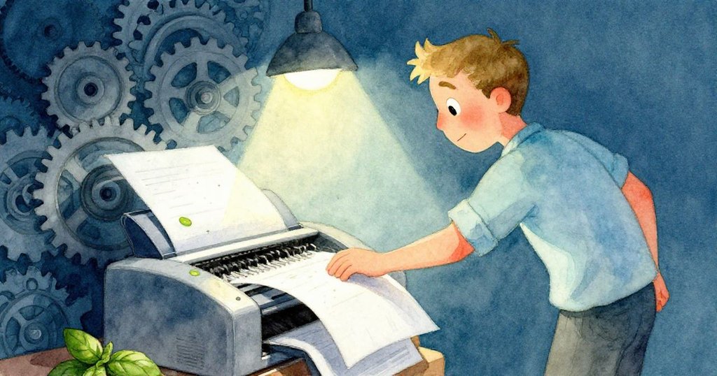 Wade在會議室急忙處理卡紙狀態，機器齒輪轉動紙張上泛綠，神情堅定展現解決困境緊張情緒。