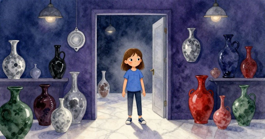 Iris踏入昏暗陶瓷廳，大理石地面反射燈光，她邁步進入神秘空間，充滿好奇與期待。