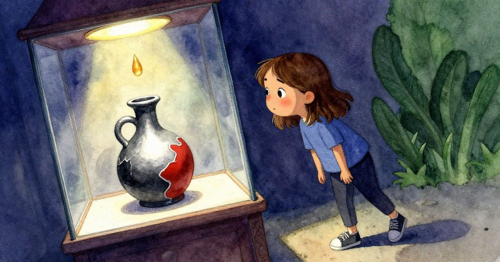 Iris前傾身體靠近玻璃展櫃，凝視著裂痕斑駁陶罐和懸掛琥珀珠，神情充滿好奇與專注。