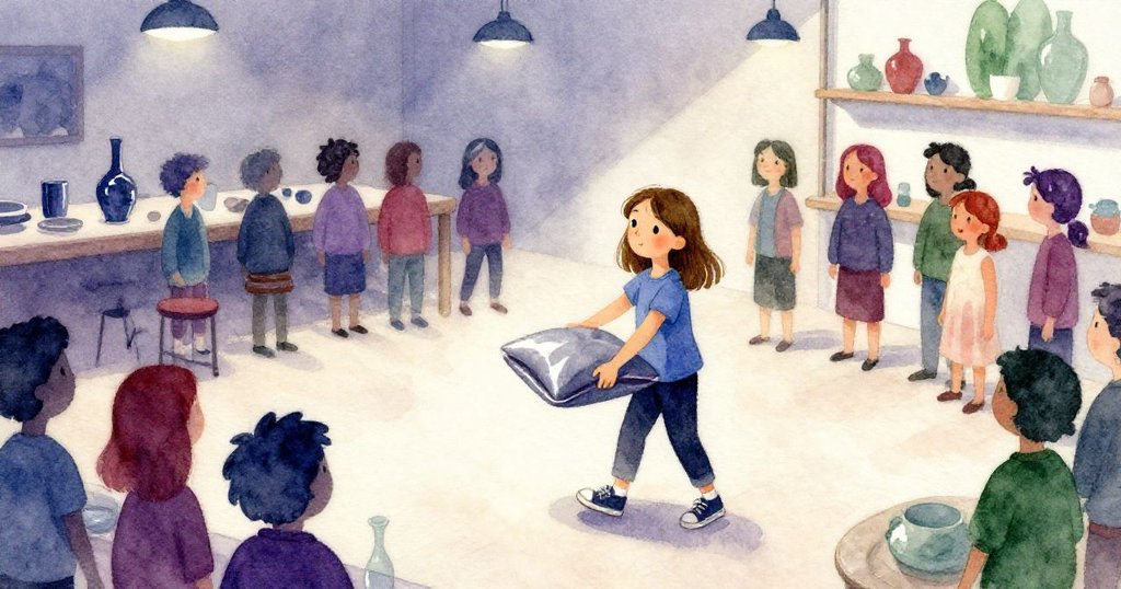 Iris在角落舉起座墊，以便看清玻璃櫃內展品，背景中團體交錯移動，她神情專注而充滿期盼。