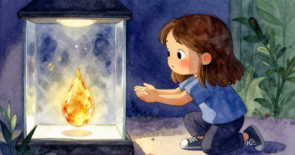 Iris輕撫玻璃展櫃凝視琥珀滴將逝之光，面露溫柔告別神情，室內氛圍靜謐而感人。