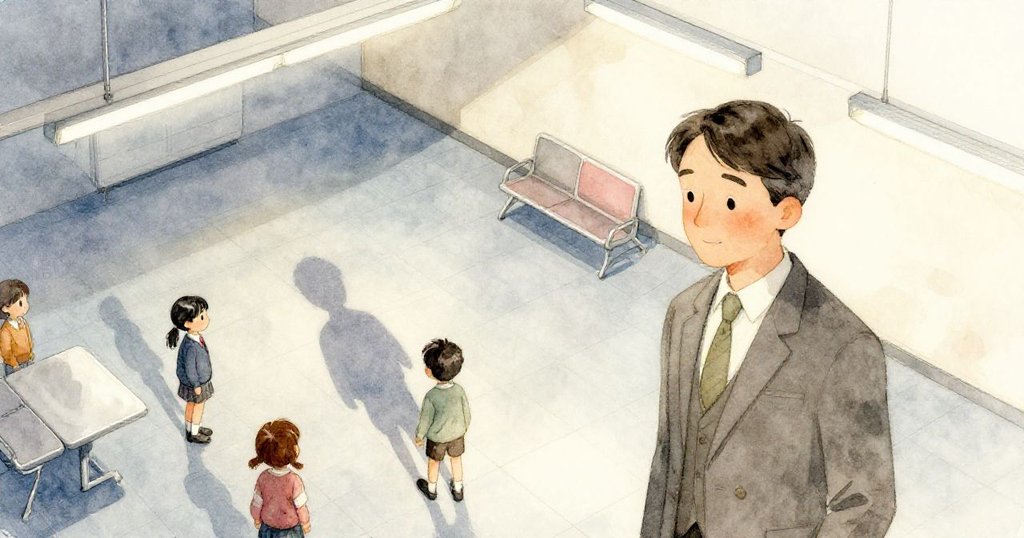 保羅在候診室內發現飄動的紙影，眾人好奇觀望，背景藍灰地磚與現代家具呈現清新都市感。