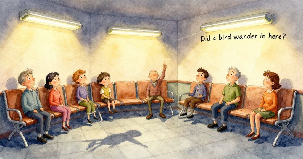 保羅遞收據給一隻濕潤紙鶴，紙鶴在冷冽地面上展現細緻摺痕與墨跡，情景溫柔神秘。