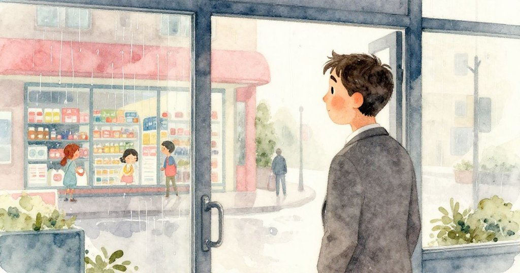 保羅從半開玻璃門望向外面淅瀝雨滴，藥局窗隱約可見，內外景交融呈現靜謐氛圍。