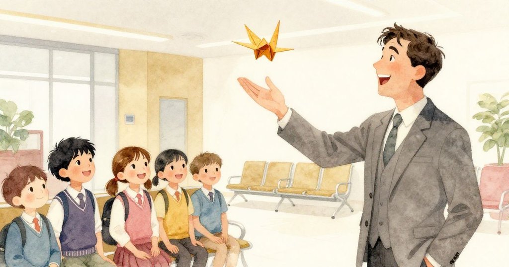 保羅與孩子們因紙鶴翻轉而歡笑，候診室中彌漫著溫暖歡樂的現代氣息。