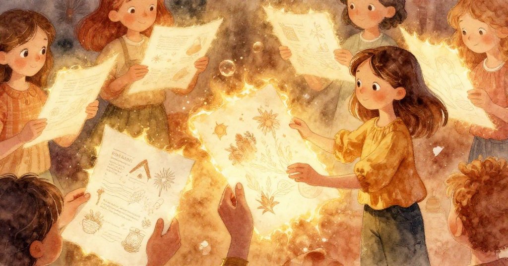 Nora 以專注手勢展示亮邊稿紙，細節清晰，燈光照射下紙張閃爍，營造細膩美感。