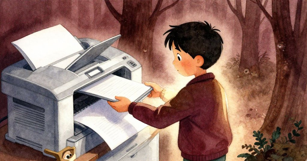 Joel 從樓梯現身，背光外套映襯關切神情，在監控下從上方俯視打印機情景。