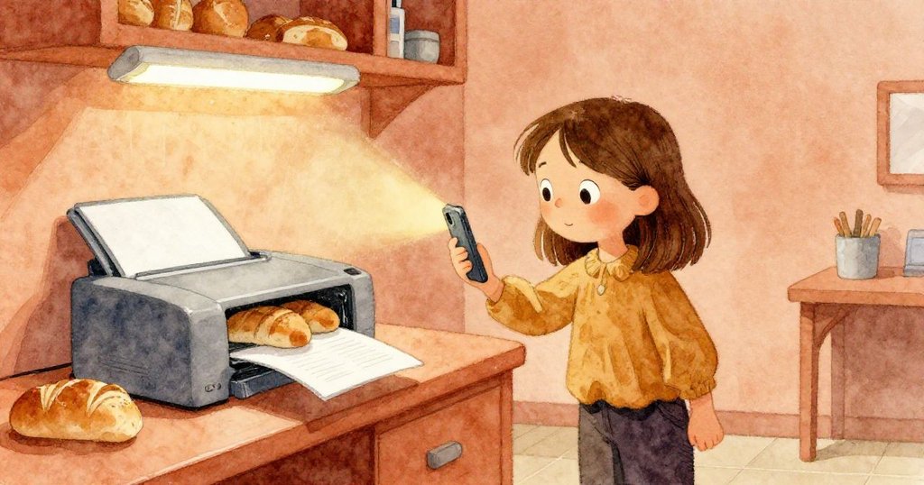 Nora 在休息室中打開側門，手機光束照亮殘留紙塵，桌上剩餘麵包圈散發柔光，氣氛溫馨。