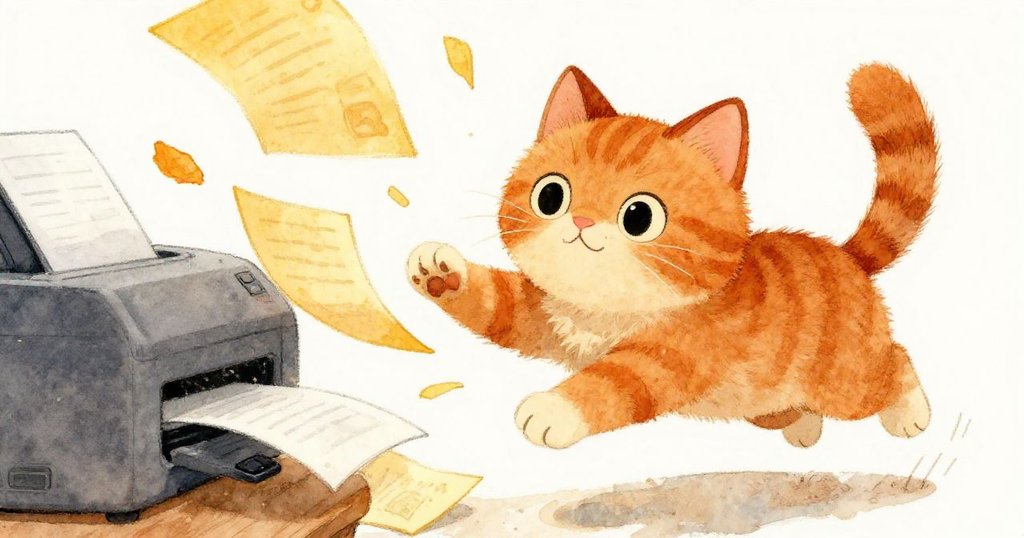 橘貓靈活跳下靠近打印機，觸碰開關引起便籤飛舞，動感十足、光影交錯，氣氛充滿活力。