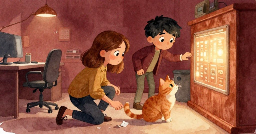 Joel 膝伏紓解紙片困境，Nora 達到貓身觸控面板，和諧解決機器小故障，溫馨氛圍中展現合作與希望。