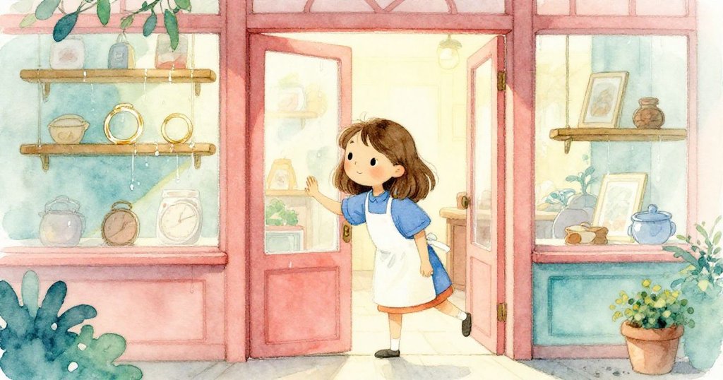 Flora輕推玻璃門，發現展示架上閃爍水珠空缺，表情平靜期待，室內溫暖光影映襯著開始的故事場景。