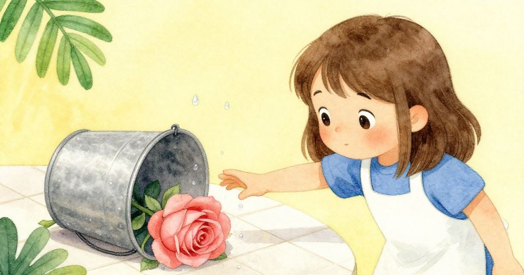 Flora仔細觸摸倒置的玫瑰桶，尋找杯中涼水滲流細節，專注神情映襯著室內明亮瓷磚背景。