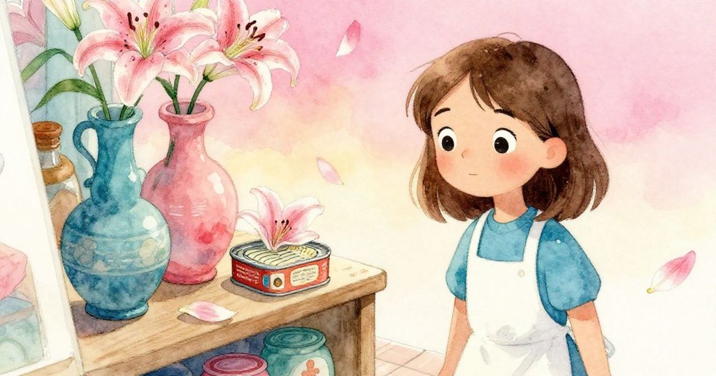 Flora從傾斜角度觀察花瓣與罐子散亂景象，細膩物件層次豐富，神情既好奇又略顯憂慮，室內柔光映照著。