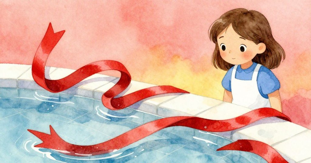 Flora旁觀水流中滾動紅緞帶，清涼水珠與鮮豔綢帶交織流淌，神情驚喜凝望濕潤瓷磚細節。