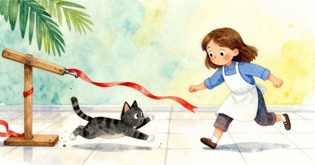 店中貓兒驚慌奔逃，撞擊木棍觸發緞帶旋轉機關，Crimson緞帶飛散，Flora忙中帶急應對混亂場面。