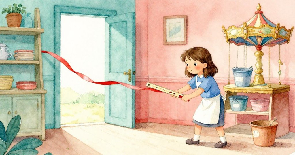 Flora穩定現場，用木棍固定機關止住緞帶旋轉，歸位清洗桶子，表情堅定望向明亮門外，恢復室內秩序。