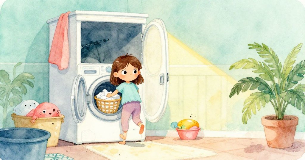 科拉帶著籃子進入陰暗的洗衣房，腳步穩健，門口有活潑細節，充滿希望與期待。