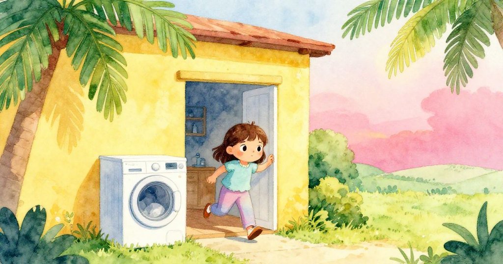 科拉走出洗衣房，手提空籃，迎向明亮戶外，陽光溫暖照耀，自信與滿足瀰漫全場。