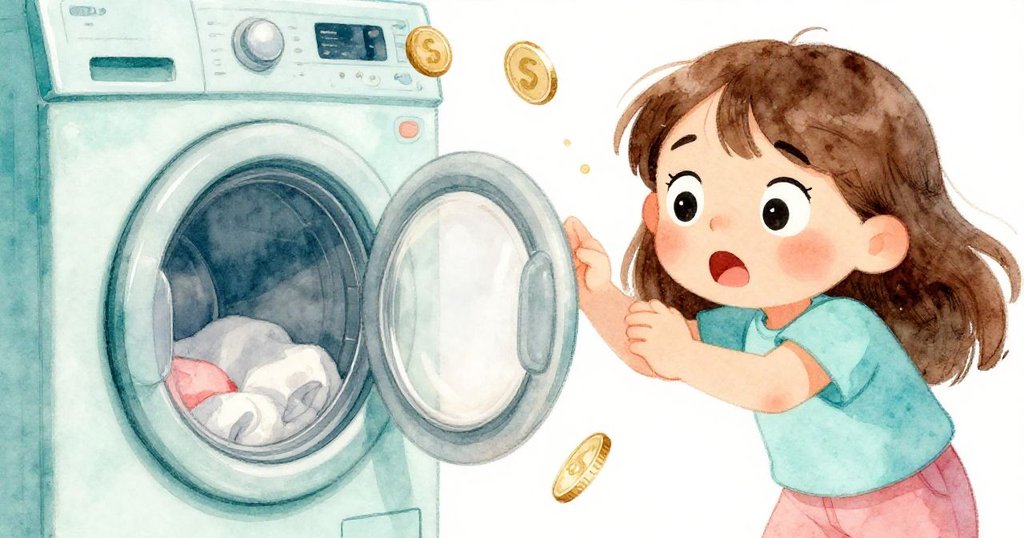 洗衣機內突然發生金屬撞擊，一枚閃亮硬幣飛出，科拉驚訝臉龐清晰展現意外與好奇心。