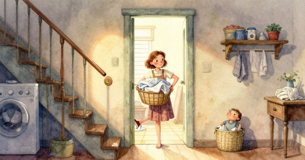 洗衣房內寧靜結局，掃把斜靠台面，硬幣在石灰碎片旁閃爍，散發溫柔燈光與完成後的平和。