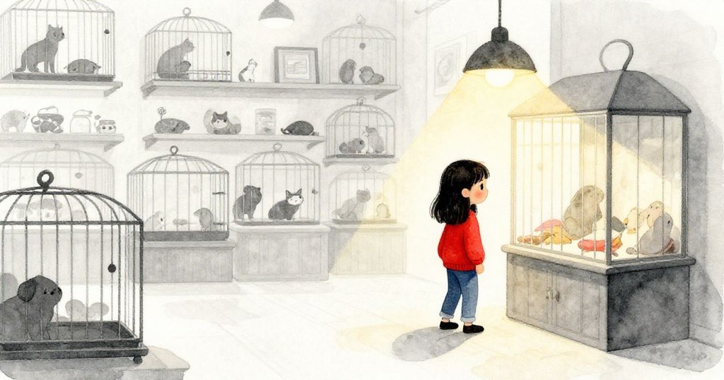 Tara以剪影姿態踏入明亮寵物店,玻璃箱半隱於陰影中,店內燈光溫暖,展開故事序幕。