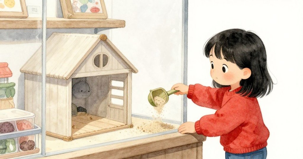 Tara在櫃台邊彎身取起沾沙竹鏟,旁邊擺有小型塑膠馬廄,燈光溫柔細節豐富,情節逐步展開。