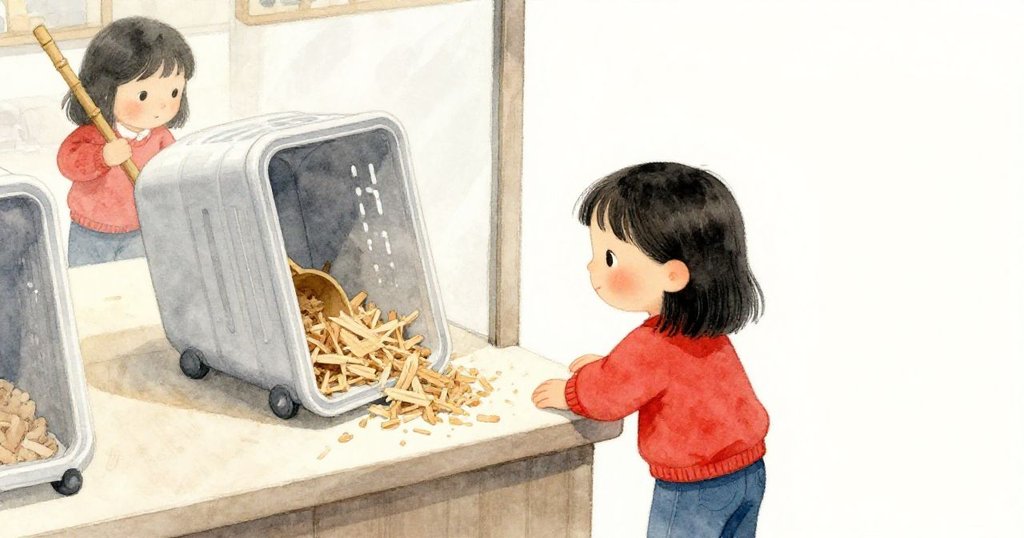 從高處俯瞰寵物店櫃台,塑膠馬廄傾覆、木屑濺落,Tara背景中穩定鏟子,情節轉折展現動態場景。