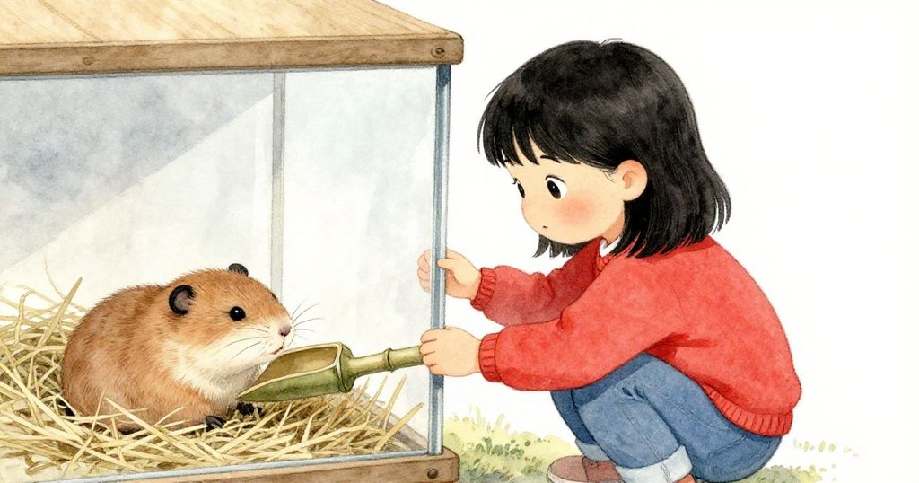 Tara小心調整鏟子輕推稻草堆,逐步露出藏於其中的倉鼠背影及鬚鬚,動作細膩情感真摯。