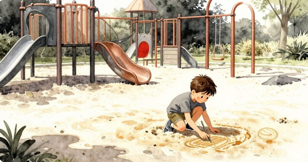 在溫暖晨霧的操場上，Noel蹲在沙坑邊用手指劃出曲線，背景金屬欄杆在柔光中閃耀，充滿期待。