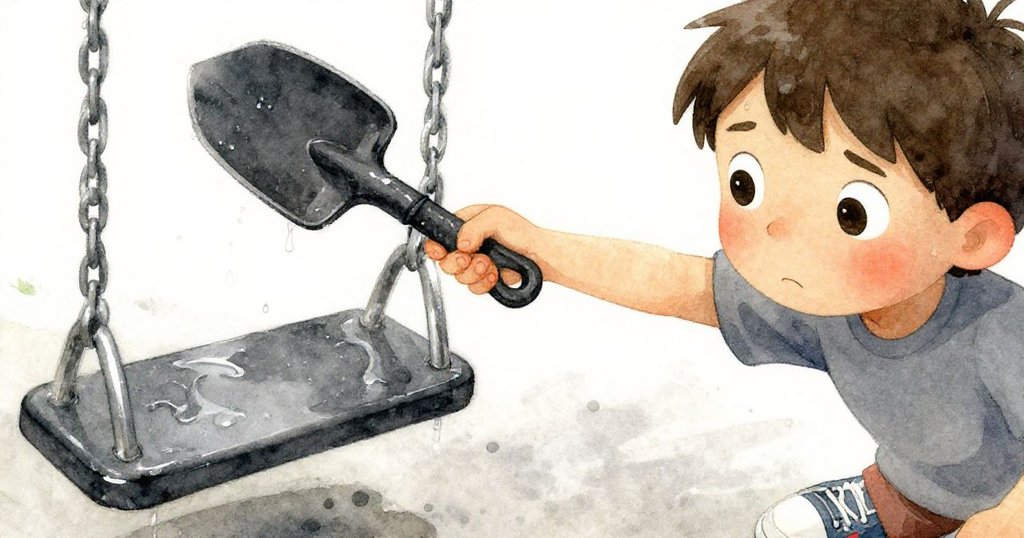 Noel在滑梯旁發現塑料鏟子，專注地握著鏟子準備清除雨水，鏟子和濕秋千座位細節清晰，表情堅定。