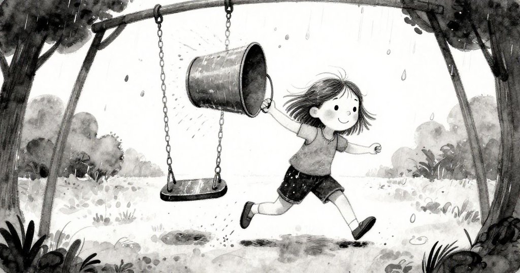 Rosa滿臉笑容從攀爬架奔出，用水桶遮擋濕秋千，風力翻轉水桶，動感扭曲視角展現童趣。