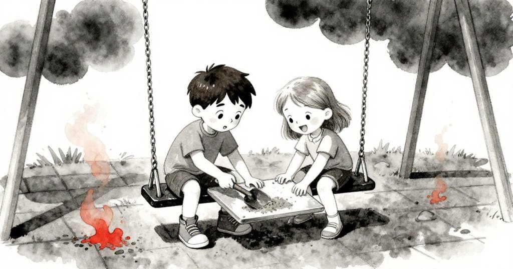 雨過天晴，Noel與Rosa同心協力調整濕滑秋千座位，鏟子和沙子細節豐富，背景烏雲與橙色蒸汽變換，充滿默契。